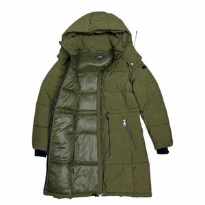 DKNY Designer Casual Green Long Winter Puffer Parka Jacket Coat Womens Small